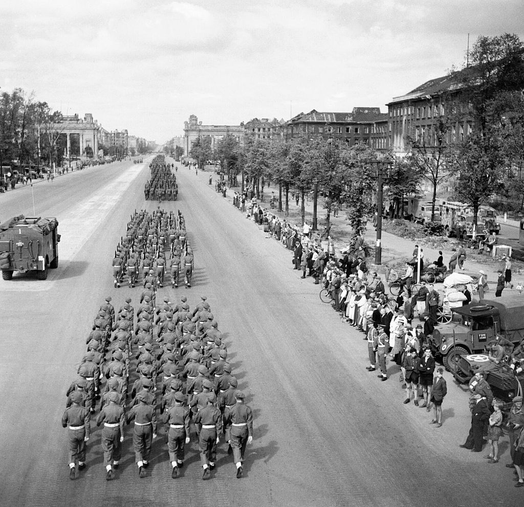 British Victory Parade in Berlin: British troops march down the Charlottenburg Chaussee, Berlin